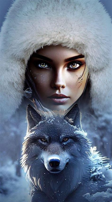 A Woman Wearing A Fur Hat With A Wolf In Front Of Her And An Image Of