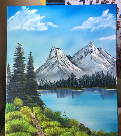Distant Mountains Bob Ross Style Attempt Oil On Canvas 16x20 Rart