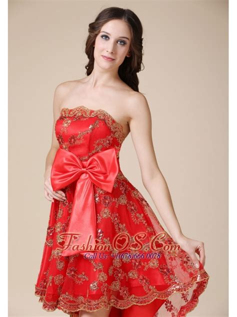 Luxurious Red A Line Cocktail Dress Strapless High Low Elastic Wove
