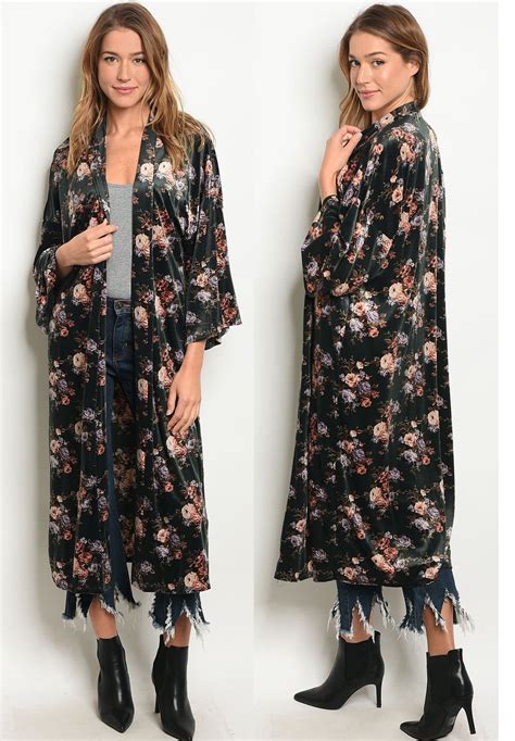 Jed Fashion Women S Rose Print Velvet Maxi Kimono Cardigan