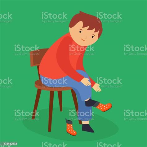 Boy Sitting On Chair And Puts On Boots Vector Illustration In Flat