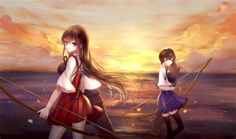 2girls Akagi Kancolle Anthropomorphism Beach Bow Weapon Brown Eyes Brown Hair Clouds Gloves