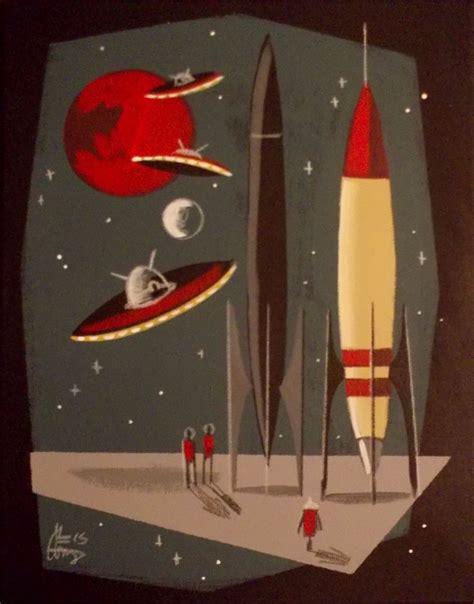El Gato Gomez Painting Retro Outer Space Ship Rocket Robot Sci Fi Martians 1950s Painting The