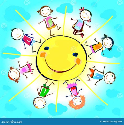 Happy Kids Playing Around Sun Cartoon Vector 58528533