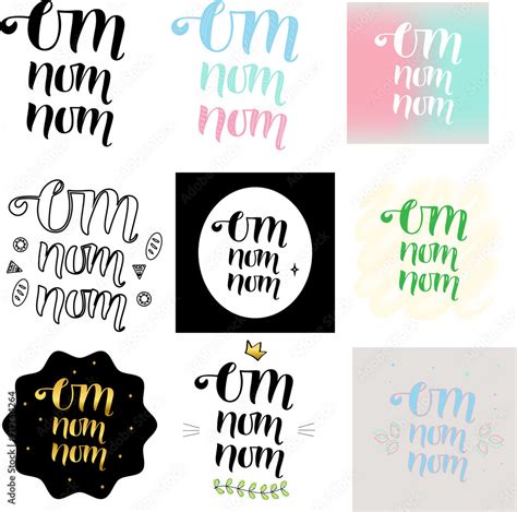 OM NOM NOM SET Cooking Quote Hand Drawn Lettering Element Your Design