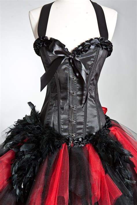 Custom Size Red And Black Feather And Tulle Burlesque Corset Prom Dress