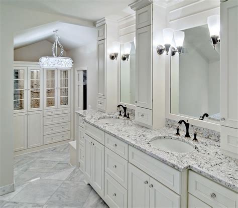 Our luxury bathroom vanity units are perfect for adding extra storage and a high end look to your bathroom. White ice granite countertops for a fantastic kitchen decor