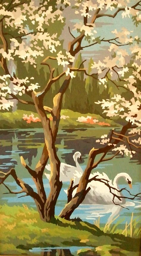 Vintage Paint By Numbers Swans On A Pond With Flowering Tree
