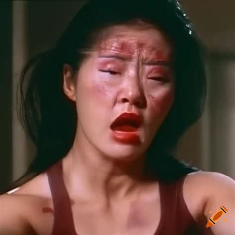 asian woman fighter with bruised head wobbling dizzy expression on craiyon