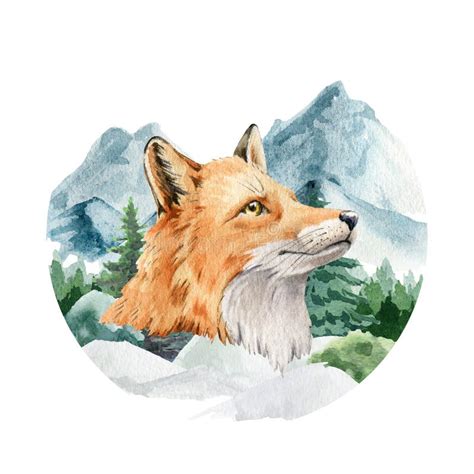Fox Portrait In Mountain Wild Landscape Watercolor Illustration Wild