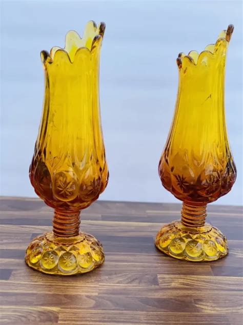 Set Of 2 Vintage Kanawha Amber Honey Moon And Stars Swung Glass Vase 11 12 5999 Picclick