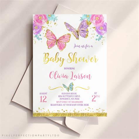 Butterfly Baby Shower Invitation Pink And Gold Butterfly Baby Etsy