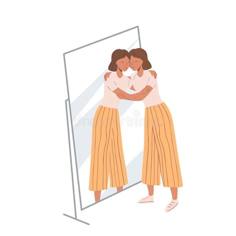 Woman Standing Near The Mirror And Hugging Her Own Reflection Concept Of Self Love And Self