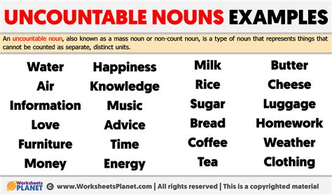 Uncountable Nouns Examples