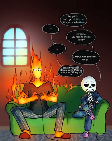 A Man Sitting On Top Of A Green Couch Next To A Skeleton In Front Of A Fire