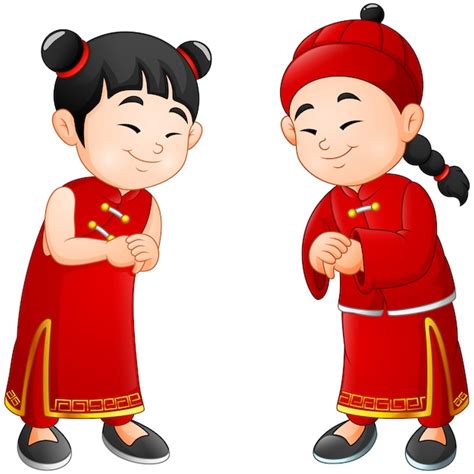 Cartoon Cute Boy And Girl In Chinese Costume Premium Vector