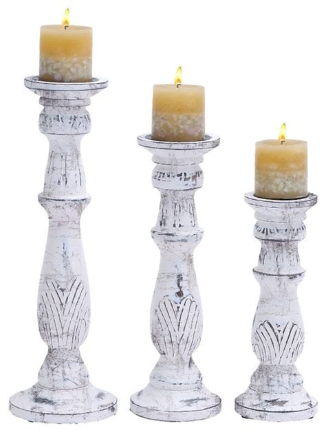 White Antique Finish Wood Pillar Candle Holder Stand Set Of 3 Home