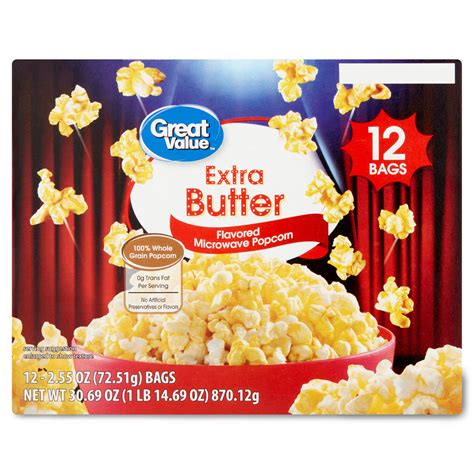 Great Value Extra Butter Flavored Microwave Popcorn 255 Oz 12 Count