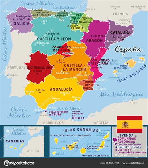 Colorido Mapa España Con Nombres Españoles Provincias Ciudades