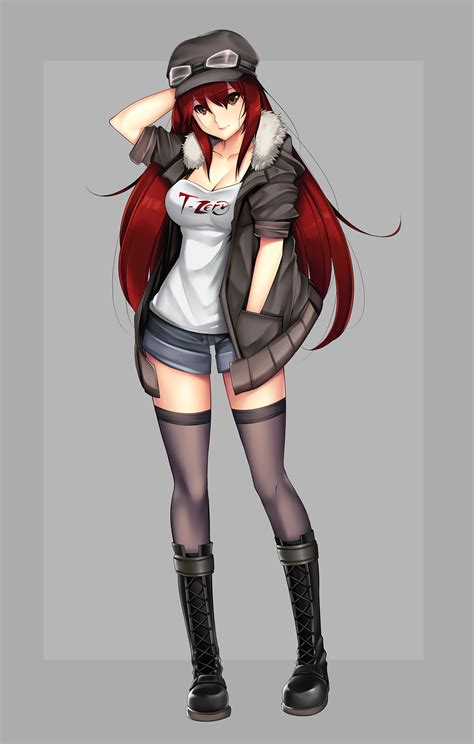 Wallpaper Anime Girls Stockings Shorts Open Shirt Bra Long Hair Redhead Brown Eyes Hat