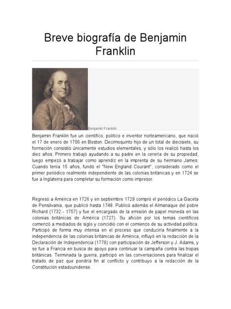 Breve Biografía De Benjamin Franklin Pdf Benjamin Franklin