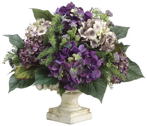 add a touch of spring to your decor with this cheerful arrangement lifelike purple hydrangeas