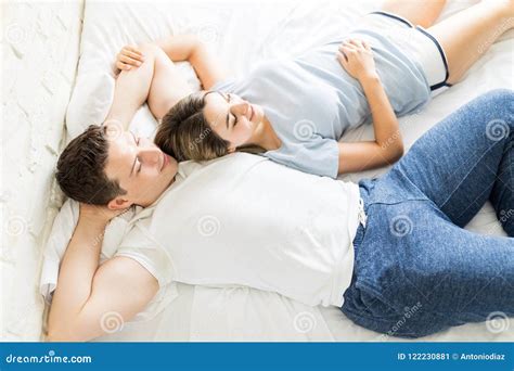 Woman Lying On Man`s Shoulder On Bed Stock Image Image Of Male Lying