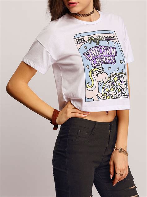 Colour Short Sleeve Unicorn Print Crop T Shirt SheIn Sheinside