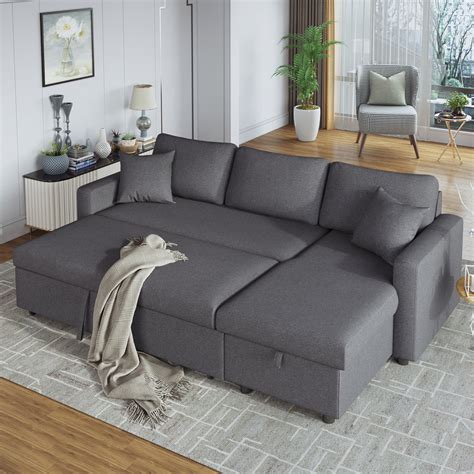 churanty upholstery sleeper sectional sofa pull out bed with storage chaise gray