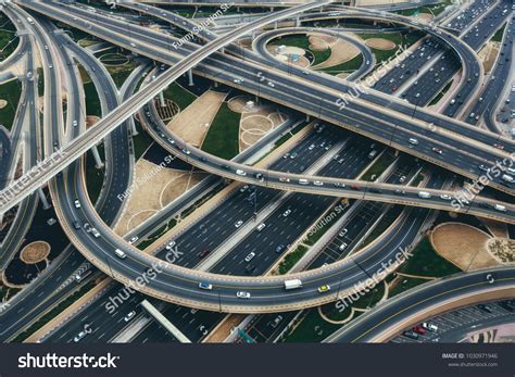 Aerial View Of Big Highway Interchange With Traffic In Dubai Uae At