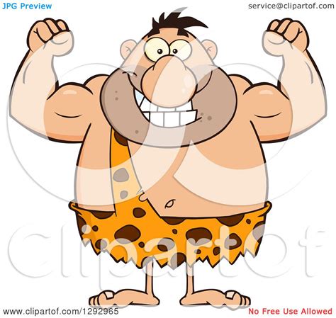 Clipart Of A Cartoon Happy Chubby Male Caveman Flexing His Muscles