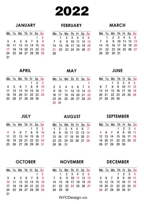 2022 Calendar With Us Holidays Printable Free White Monday Start
