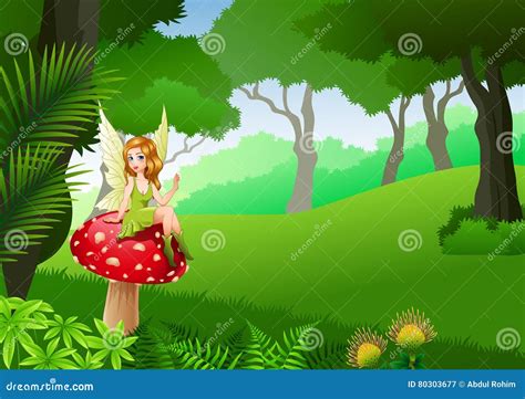 Little Fairy Sitting On Mushroom With Tropical Forest Background Stock
