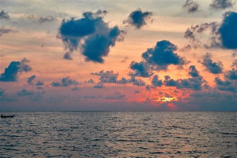 Seascape Summer Sunset At Sea Clouds Over Sea In Orange Light Evening