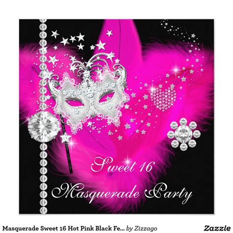 masquerade sweet 16 hot pink black feather mask invitation zazzle mask invitations