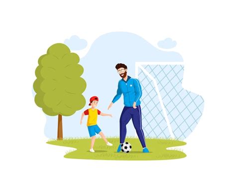 Feliz Padre E Hijo Se Divierten En El Parque Jugando Al Fútbol En El