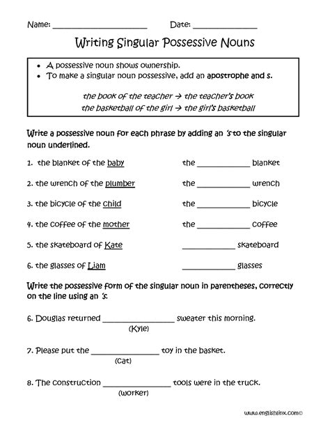 This first grade i can grammar game focuses on common, proper, and possessive nouns all i can grammar games can be used for independent practice, a small group activity, whole group review, or for progress monitoring. Writing Singular Possessive Nouns Worksheets