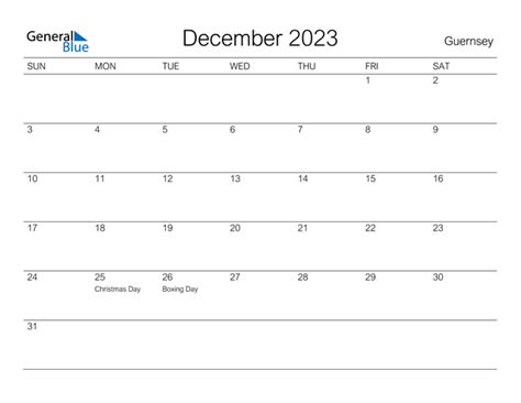 December 2023 Calendar With Guernsey Holidays
