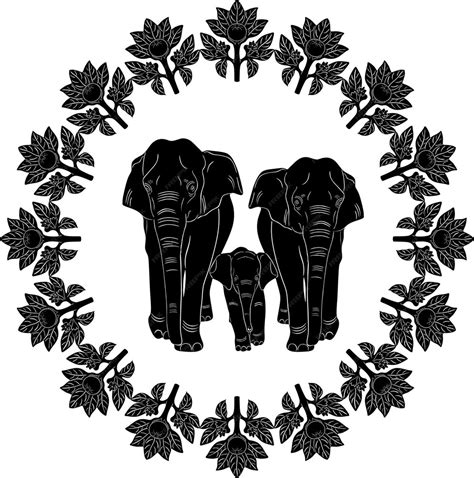 Familia De Elefantes Diseño Negro Con Marco Floral Silueta Hecha A Mano