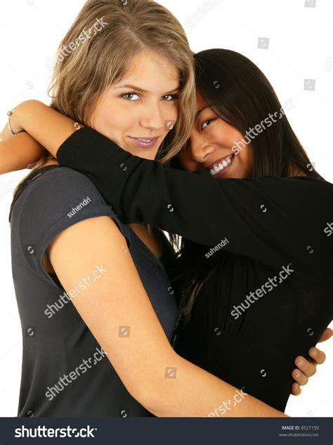 Isolated Asian Caucasian Girls Hugging Each Stock Photo 8527159