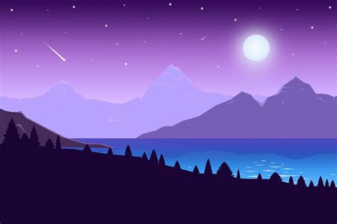 Night Time Mountains Flat Landscape On Behance Minimalist Desktop
