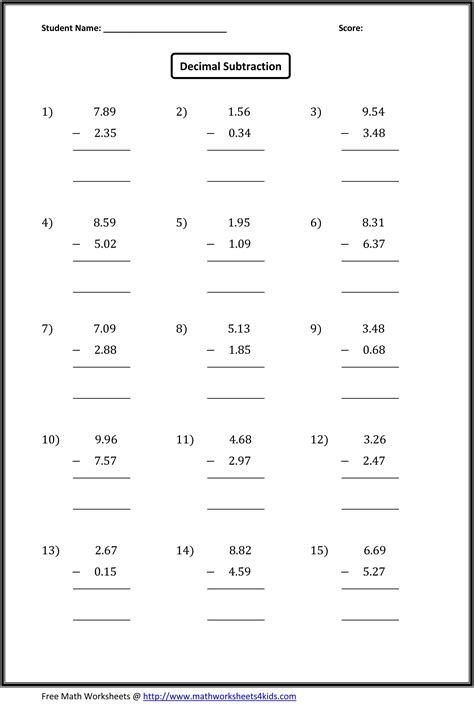 Decimal Subtraction Worksheets Grade 5 Math Worksheets Decimals