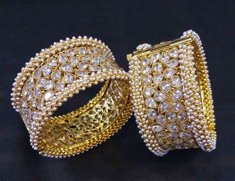 Indian Ethnic 2pc Gold Plated Kada Jewelry Cz Pearl Bangles Bracelets