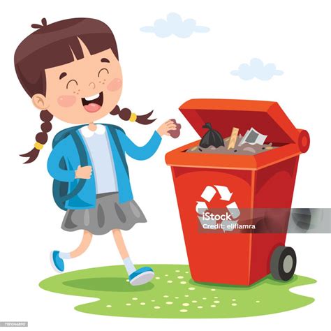 Kid Throwing Garbage In Trash Bin Stock Illustration Download Image