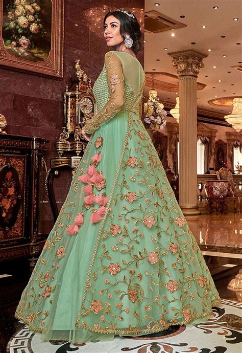 Light Green Floral Embroidered Anarkali Dress Salwar Kameez Designer