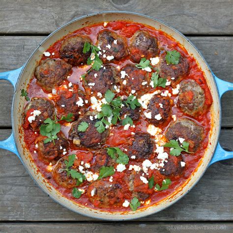 Braised Lamb Meatballs With Roasted Red Pepper Sauce And Feta Tastefood