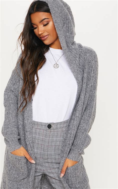 Grey Hooded Cardigan Knitwear Prettylittlething