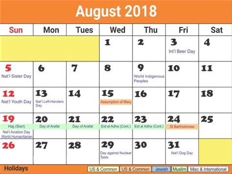August 2018 Calendar With Holidays Printable Free Pri