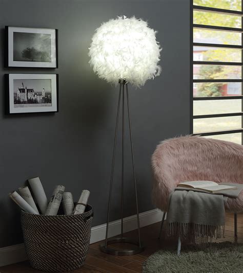 70 Inch Metal Floor Lamp With Feather Globe Shade Silver