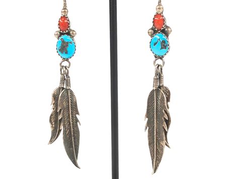 Lot Vintage Native American Sterling Silver Turquoise Coral Feather